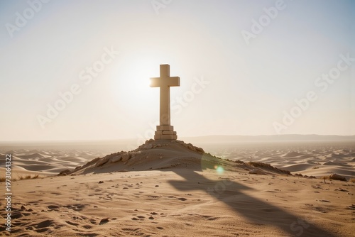 Lone Cruciform Monument in Desert Dunes at Sunset - Symbol of Faith and Perseverance