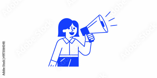 Woman with short hair announces with a blue megaphone illustration