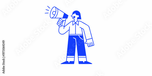 A person with short hair announces something through a blue megaphone