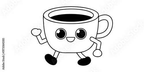 A charming cartoon coffee mug with a face and limbs is walking
