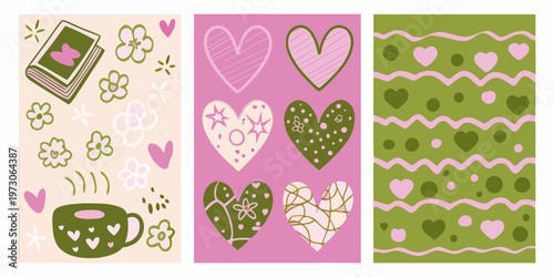 Three patterned panels featuring hearts flowers books and a teacup
