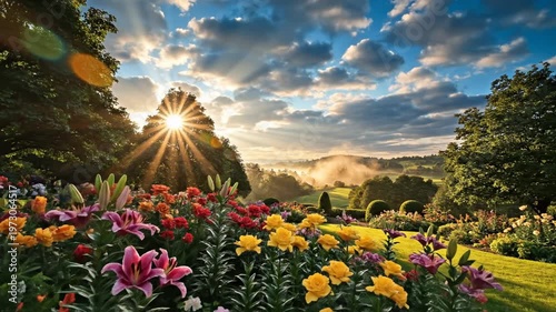 Vibrant garden landscape filled with various colorful blooming flowers, dense green foliage, and lush trees under bright natural sunlight, scenic backyard floral botanical view.