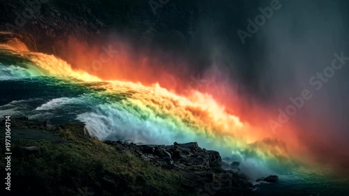 Vibrant Rainbow Over Waterfall Amidst Lush Landscape
