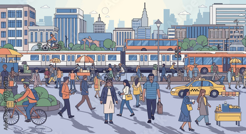 Busy City Street Scene with People, Public Transport, and Buildings