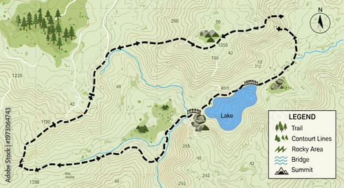 Top-down hiking trail map showing loop path, lake, bridge, forest, and contour lines.