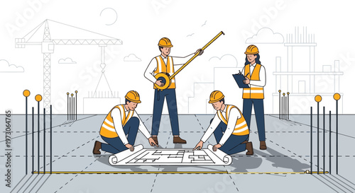 Construction team collaborating on blueprint at building site with crane and rebar