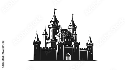 Black and White Castle Illustration with Towers.