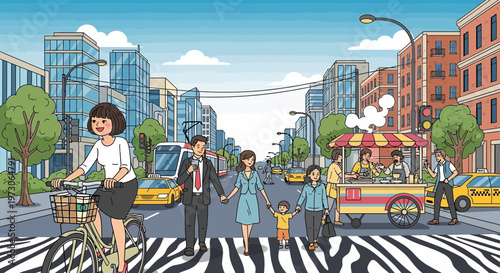 Diverse city street scene with people, traffic, and buildings