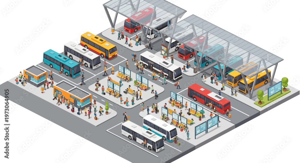 Obraz premium Isometric Bus Station with People and Vehicles, Urban Transport Hub