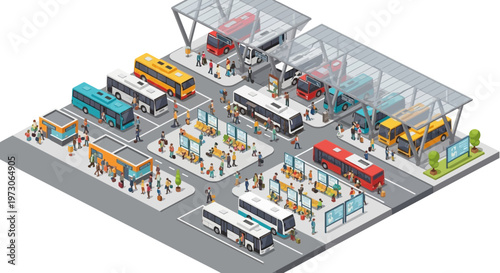 Isometric Bus Station with People and Vehicles, Urban Transport Hub