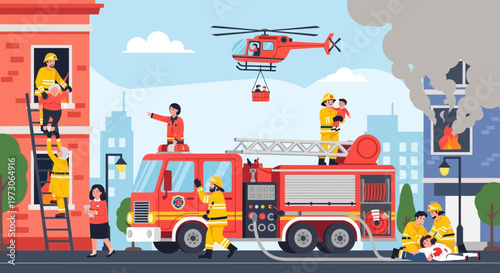 Firefighters Rescue People from Burning Building with Helicopter and Fire Truck