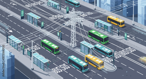 Pixel Art City Bus Network with Electric Lines and Bus Stops
