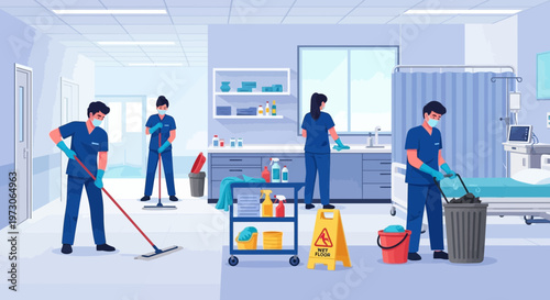 Hospital Cleaning Crew Mopping and Sanitizing Ward Corridor and Room