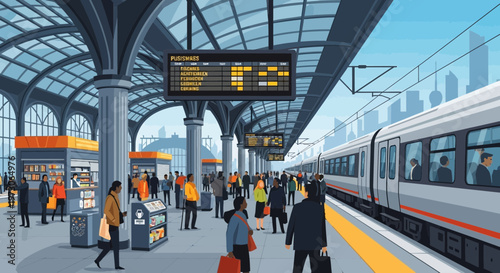 Busy Train Station Platform with Commuters and Arriving Train