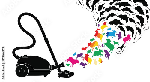Vacuum cleaner expels colorful animals, creating chaotic smoke cloud.