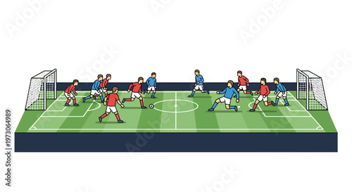 Soccer team playing on green field, action, strategy, sports game illustration