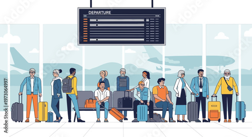 Diverse people waiting at airport departure gate with luggage, departure board overhead