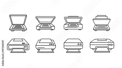 Flatbed Scanners and Printers Collection Line Art Icons Office Equipment