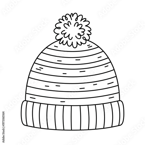 A black and white illustration of a striped knit hat with a pom-pom.