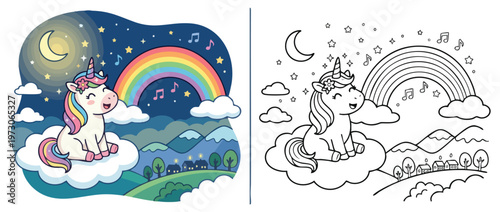 Cute Unicorn Sitting on Cloud with Rainbow and Stars.