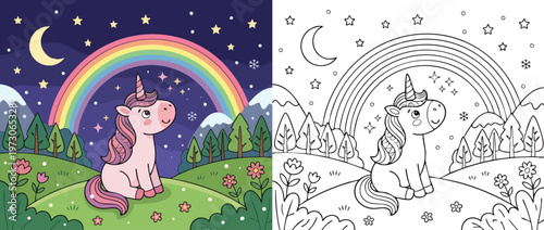 Cute Unicorn Sitting Under a Rainbow at Night.