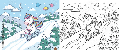 Cute Unicorn Skiing Down Snowy Mountain Slope in Winter Wonderland.
