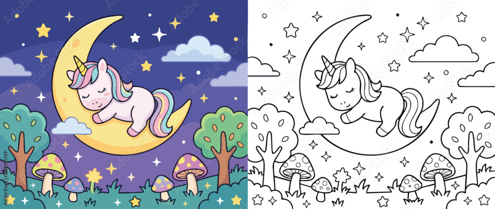 Naklejka premium Cute Unicorn Sleeping Peacefully on a Crescent Moon at Night 2.