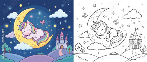 Cute Unicorn Sleeping Peacefully on a Crescent Moon at Night 1.