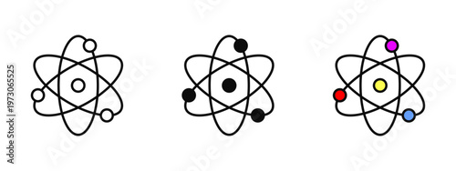 Minimal science icon featuring an atomic structure in a clean black and white stroke style with color variations, representing science, research, and technology concepts.