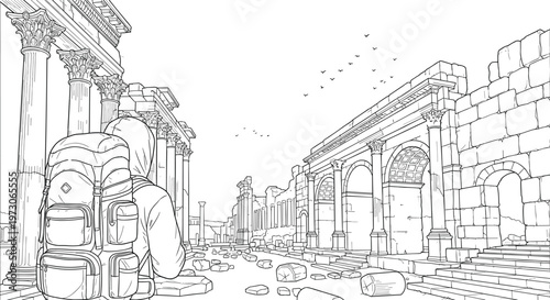 Traveler with backpack explores ancient ruins with columns and arches, birds fly overhead backpacker