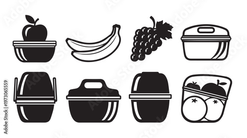 Food Containers and Fresh Fruit Icons Set Simple Vector Graphics