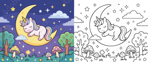 Cute Unicorn Sleeping Peacefully on a Crescent Moon at Night 2.