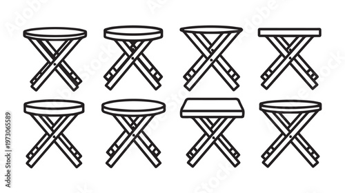 Folding Stools Assortment Line Art Collection Portable Seating Icons Outdoor Furniture Elements