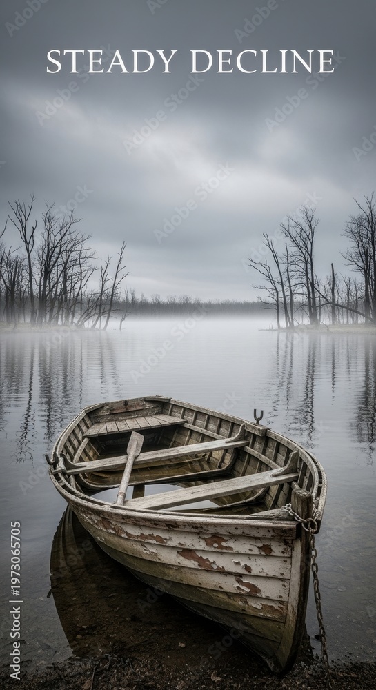 Obraz premium Old weathered boat on a misty lake, reflecting in the water.
