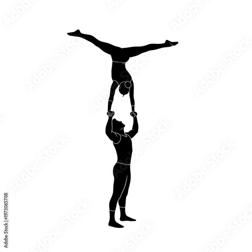 Acrobatic duo performing aerial stunt together.