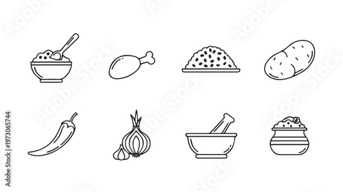 Food Ingredients Icons: Rice Chicken Potato Chili Onion Garlic Mortar Pestle Spice Jar