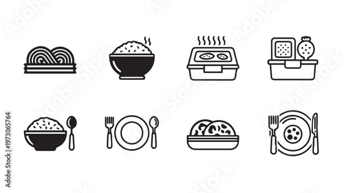 Food Icons Set: Noodles Rice Bowl Takeout Containers Bento Box Meal Plate