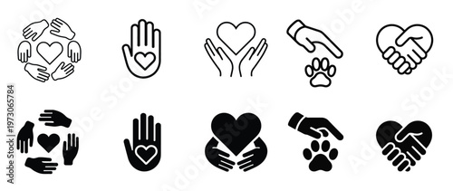 Charity Hands Icon Set, Donation and Aid Symbols Collection, Helping Hands and Support Graphics, Friendship and Care Logo Elements, Humanitarian Assistance Concept, Clean Vector Illustration