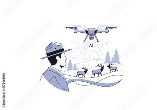 A park ranger in a hat observes a drone with an AI label flying above three deer in a hilly landscape with pine trees.