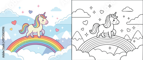 Cute Unicorn Standing on Rainbow Coloring Page and Colored Version.