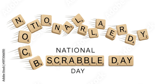 Celebrating National Scrabble Day with a playful arrangement of letter tiles spelling out the event name against a bright white background, designed in a clean, vector style that evokes