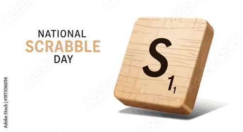 Isolated against a white backdrop, a single Scrabble tile featuring the letter 'S' and the number '1' commemorates National Scrabble Day with an illustrative design and educational word