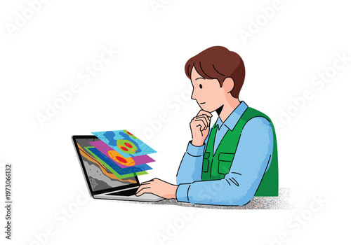 A geologist sits thoughtfully, looking at a laptop displaying multiple layered colorful geological maps.