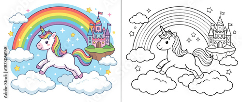 Cute Unicorn with Rainbow and Castle Coloring Page.