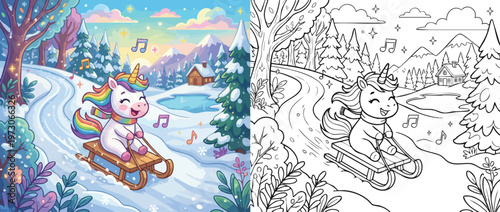 Happy Unicorn Sledding Down Snowy Hill in Winter Wonderland.