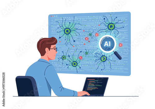 An auditor in glasses types on a laptop while viewing complex AI data patterns on a large screen.