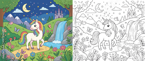 Magical Unicorn Coloring Page for Children with Fantasy Elements.