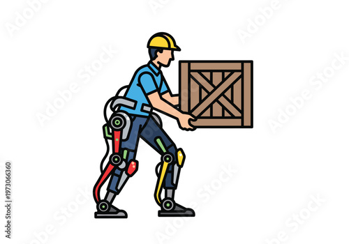 A worker in a yellow hard hat and blue shirt is carrying a wooden crate while wearing an advanced exoskeleton suit.
