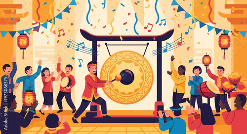 People celebrating a vibrant Asian festival with traditional music and gong.