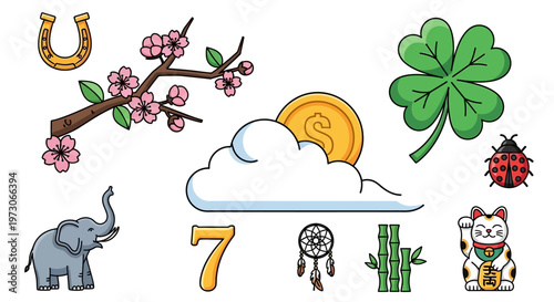 Vector collection of traditional good luck symbols and lucky charms on white background.